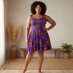 African Wax Print Skater Dress — Bold Purple & Red Geometric Pattern Printify