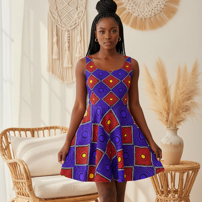 African Wax Print Skater Dress — Bold Purple & Red Geometric Pattern