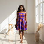 African Wax Print Skater Dress — Bold Purple & Red Geometric Pattern Printify