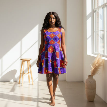 African Wax Print Skater Dress — Bold Purple & Red Geometric Pattern