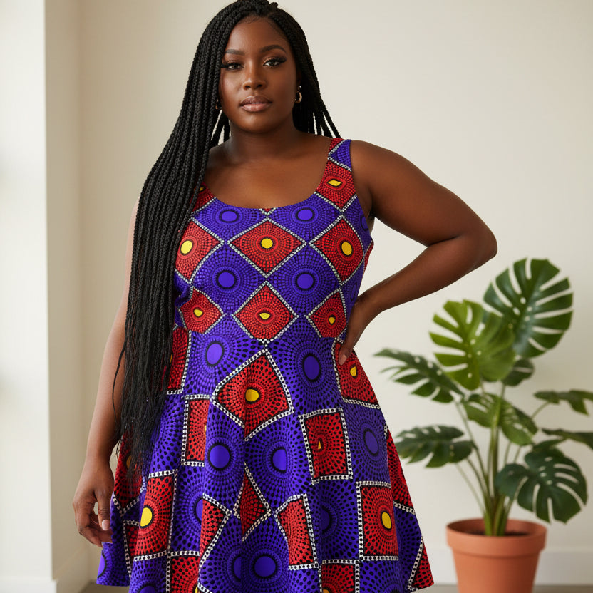 African Wax Print Skater Dress — Bold Purple & Red Geometric Pattern