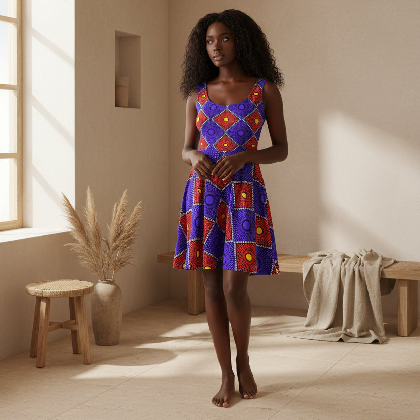 African Wax Print Skater Dress — Bold Purple & Red Geometric Pattern