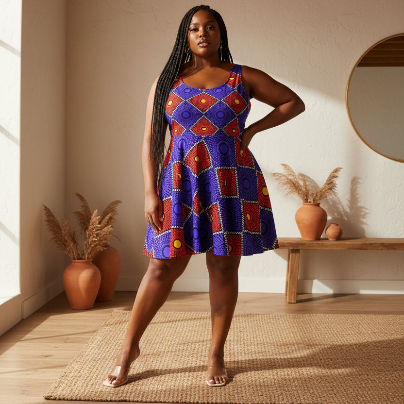 African Wax Print Skater Dress — Bold Purple & Red Geometric Pattern