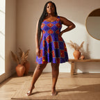 African Wax Print Skater Dress — Bold Purple & Red Geometric Pattern