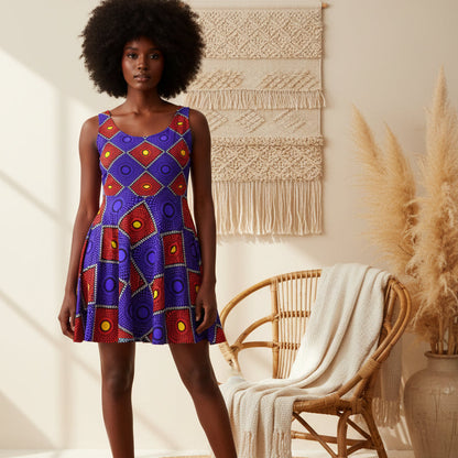 African Wax Print Skater Dress — Bold Purple & Red Geometric Pattern