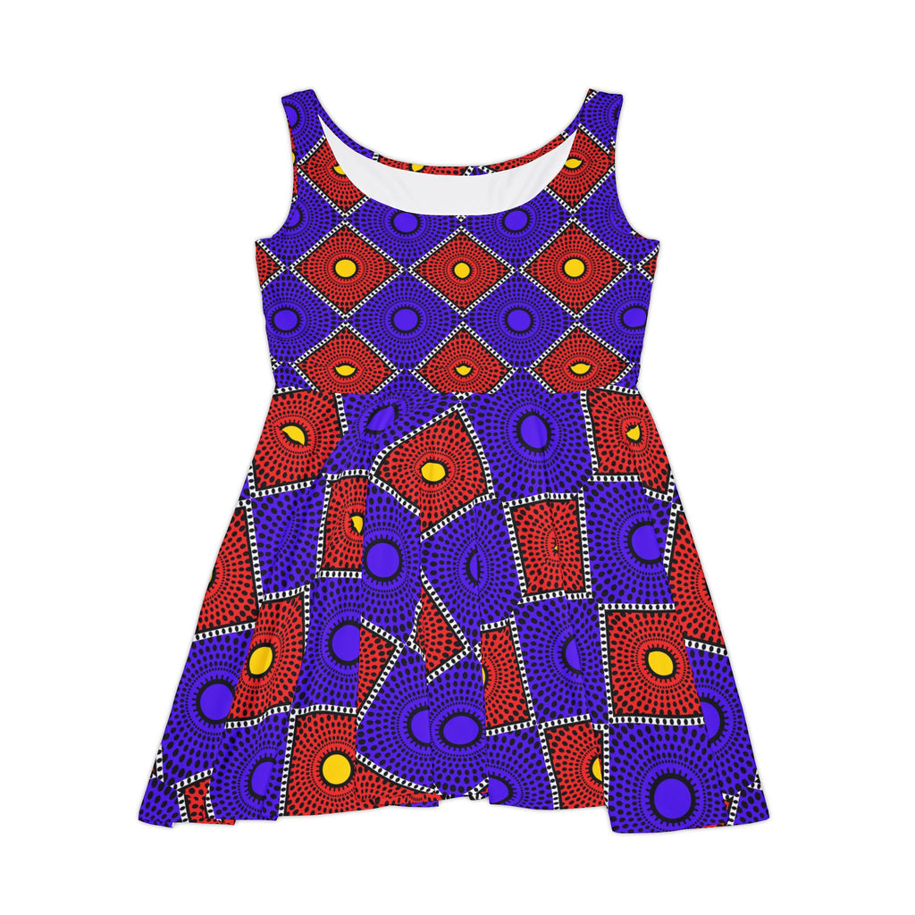 African Wax Print Skater Dress — Bold Purple & Red Geometric Pattern