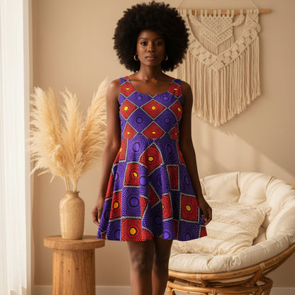 African Wax Print Skater Dress — Bold Purple & Red Geometric Pattern