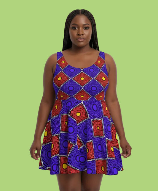 African Wax Print Skater Dress — Bold Purple & Red Geometric Pattern