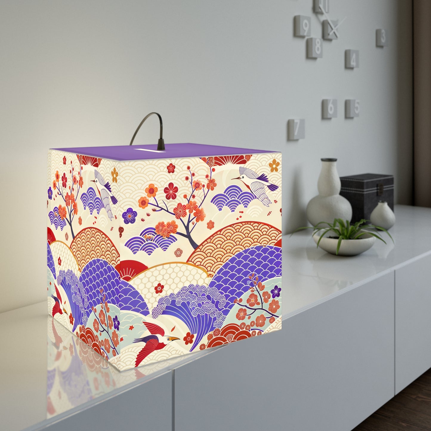 Japanese Wave & Crane Light Cube Lamp — Floral Origami Pattern Ambient Pendant