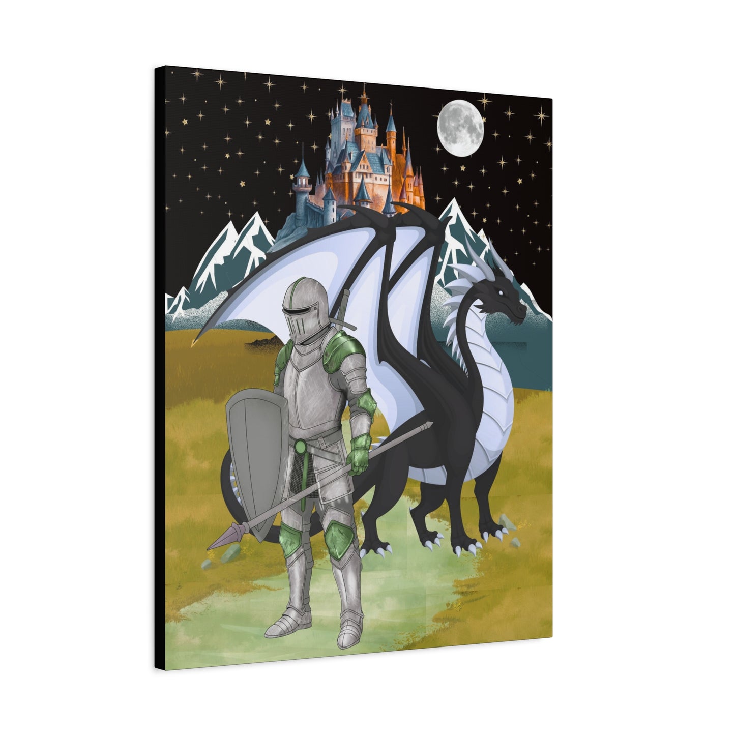 Medieval Knight & Dragon Castle Night Matte Stretched Canvas