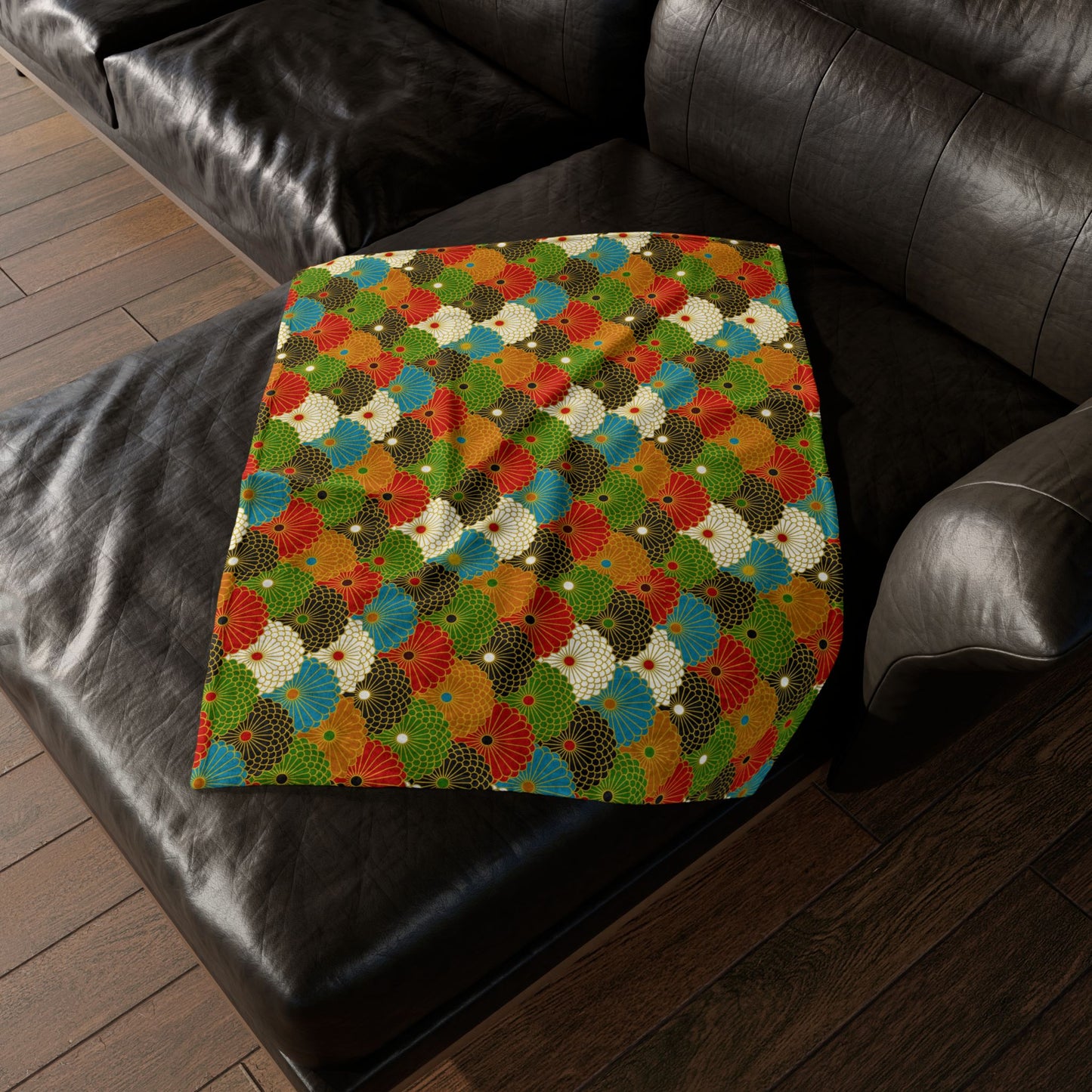 Retro Fan Pattern Polyester Blanket — Colorful Geometric Throw for Living Room & Gift