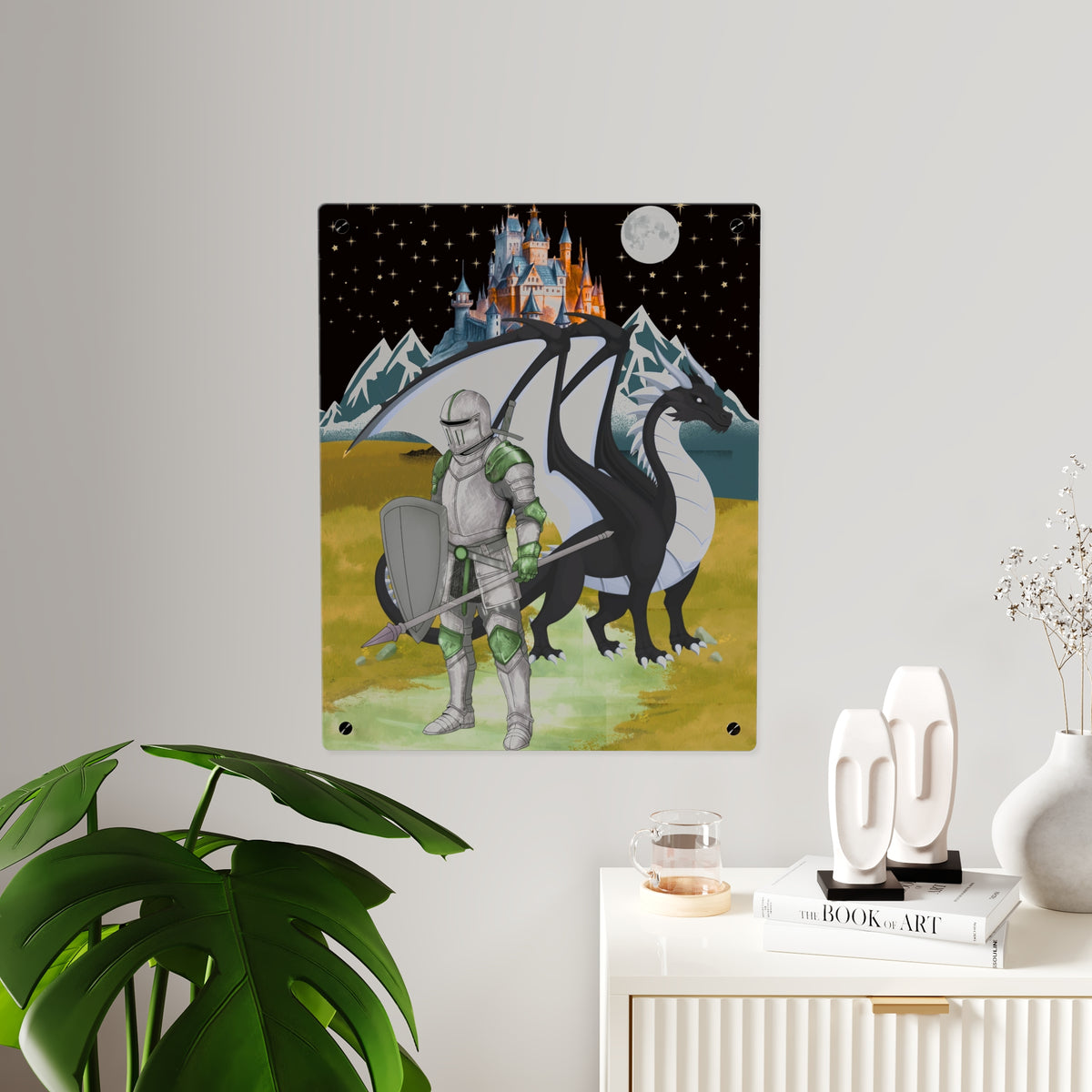 Knight and Dragon Acrylic Wall Art Panel — Fantasy Castle Nightscape Décor Printify