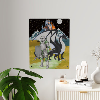 Knight and Dragon Acrylic Wall Art Panel — Fantasy Castle Nightscape Décor