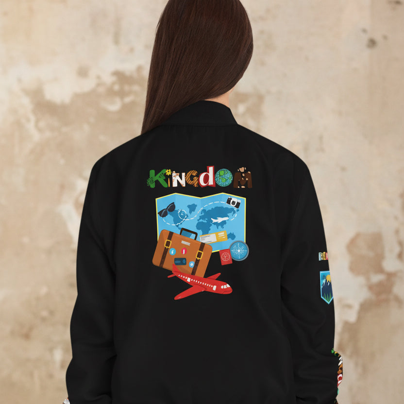 Explorer Themed Graphic Women's Bomber Jacket - Travel Enthusiast Vacation Mode Printify