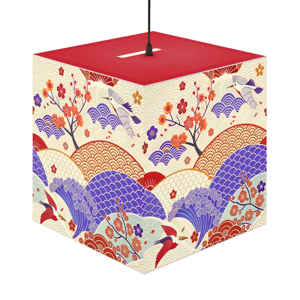 Japanese Wave & Crane Light Cube Lamp — Floral Origami Pattern Ambient Pendant Printify