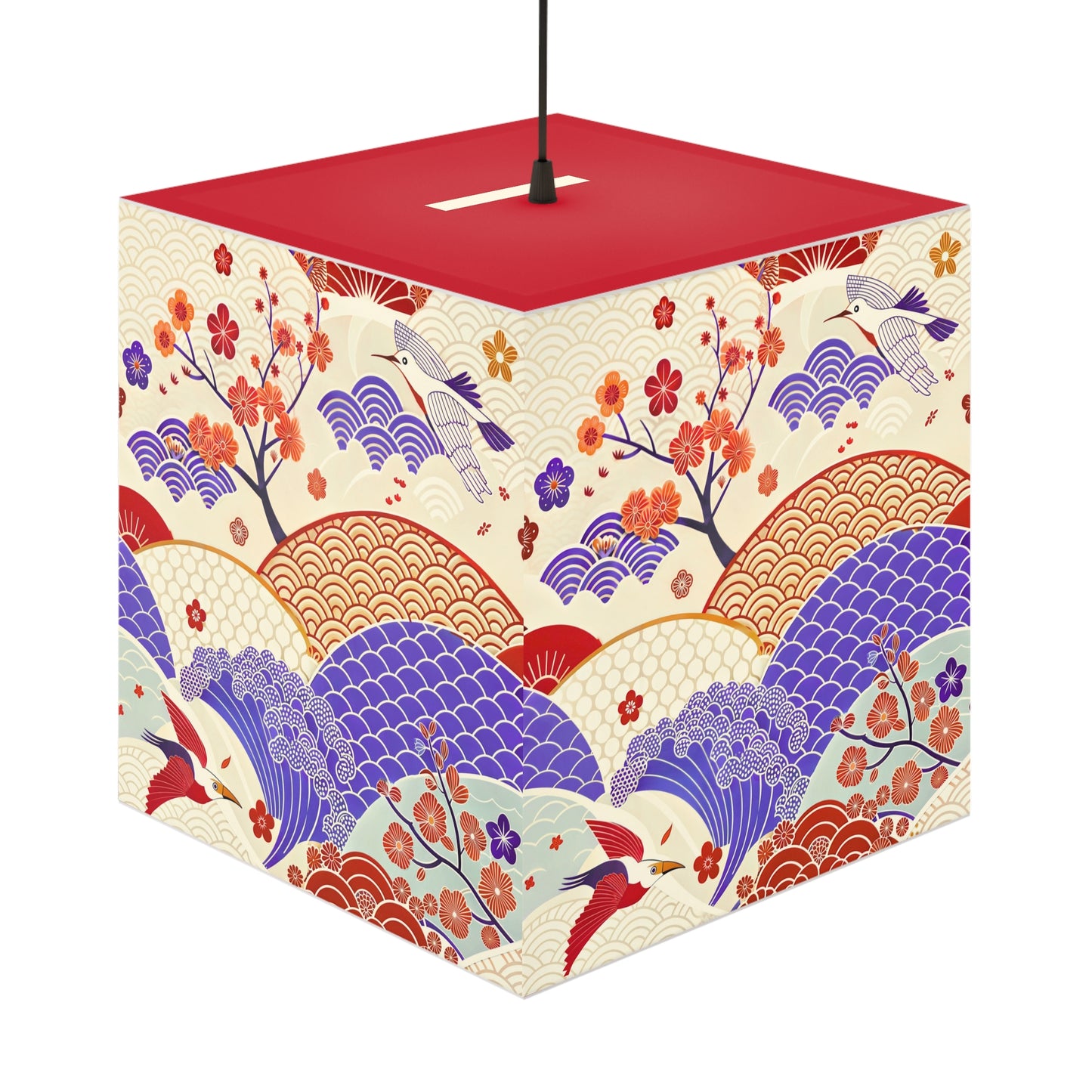 Japanese Wave & Crane Light Cube Lamp — Floral Origami Pattern Ambient Pendant