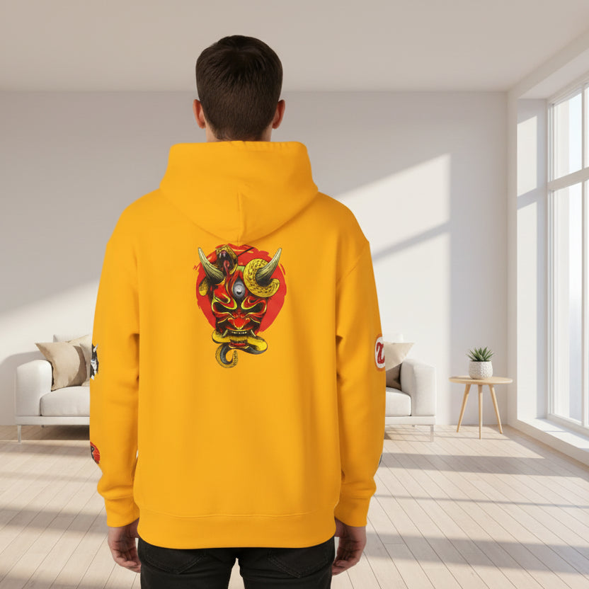 Samurai Menpo Art Hoodie, Japanese Ninja Graphic Unisex Sweatshirt, Warrior Theme Pullover