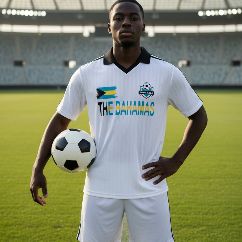 Bahamas Flag Themed Contrast Collar Striped Soccer Jersey