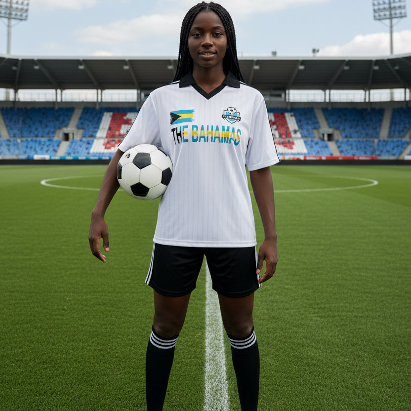 Bahamas Flag Themed Contrast Collar Striped Soccer Jersey