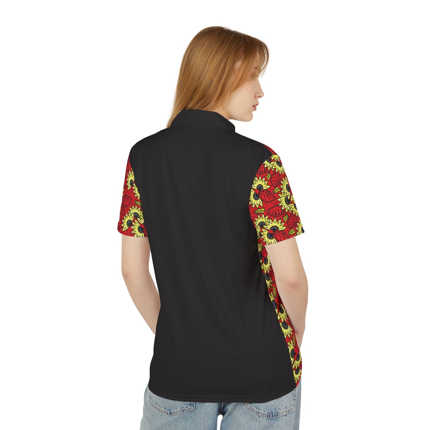 African Wax Print Polo Shirt — Red & Yellow Sunflower Pattern