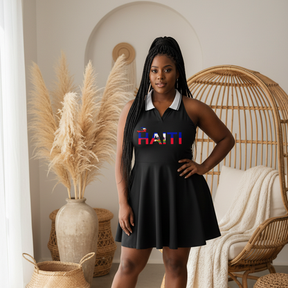 Haiti Flag Themed Women's Collared Halter A-Line Tennis Dress