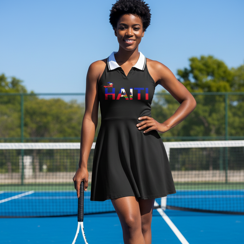 Haiti Flag Themed Women's Collared Halter A-Line Tennis Dress