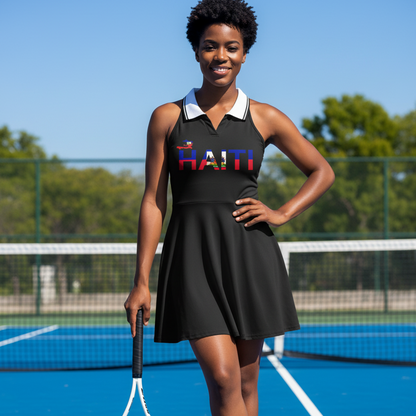 Haiti Flag Themed Women's Collared Halter A-Line Tennis Dress