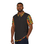 Kente Accent Polo Shirt — Black Polo with Vibrant African Print Collar & Sleeves
