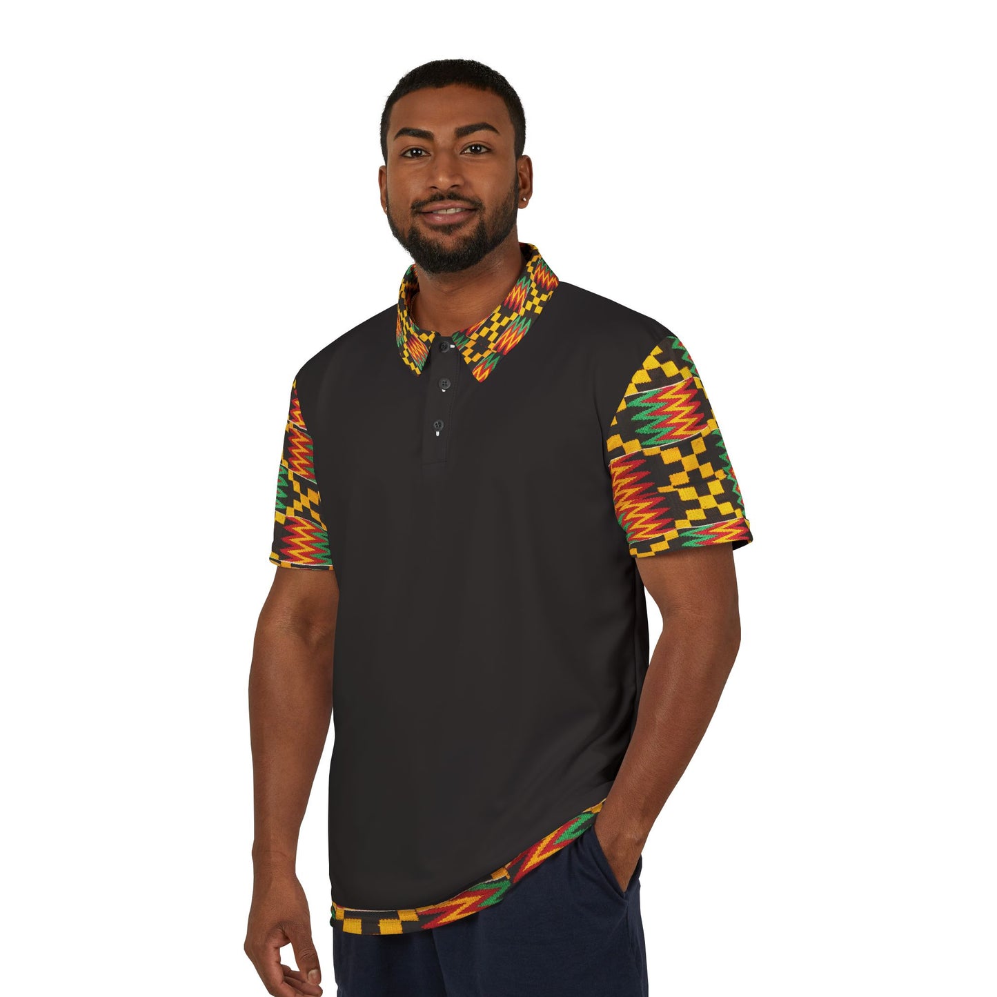 Kente Accent Polo Shirt — Black Polo with Vibrant African Print Collar & Sleeves