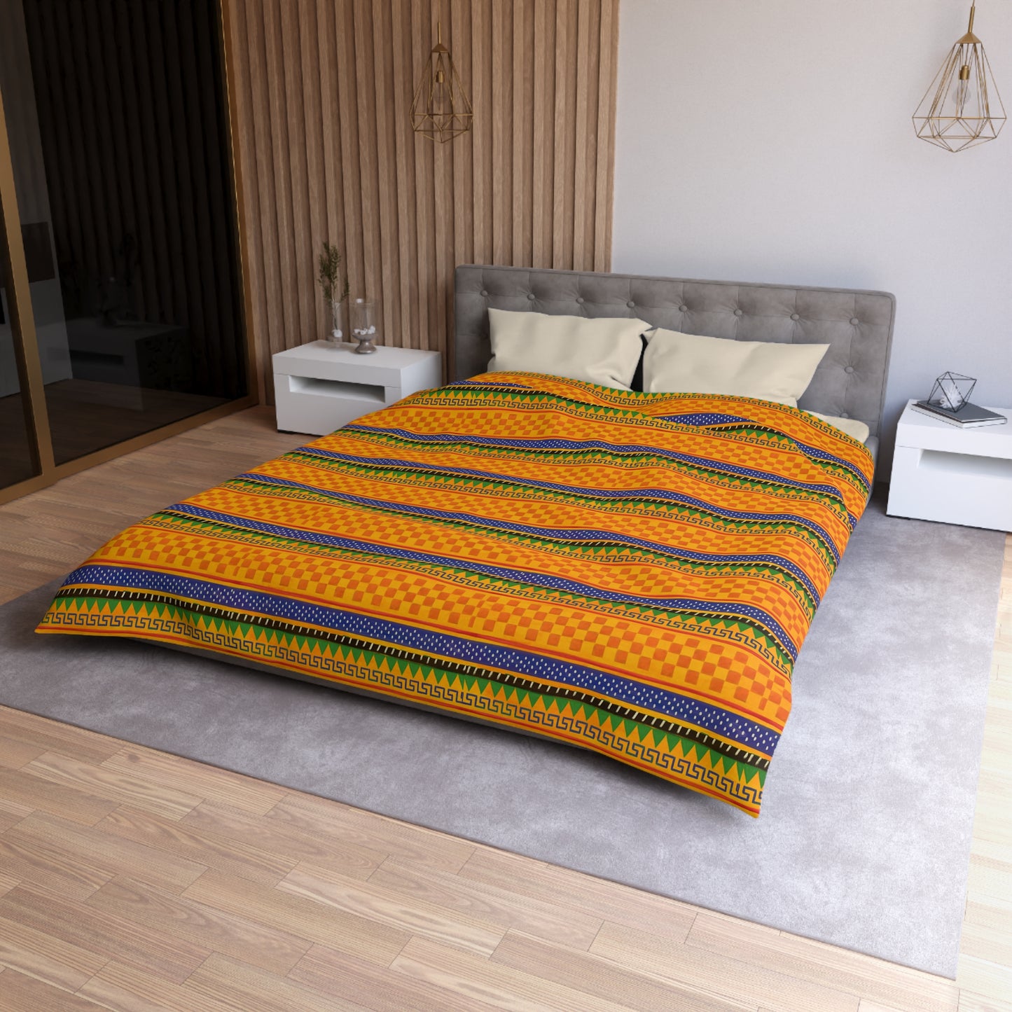 Striped Tribal Pattern Duvet Cover — Boho Orange Microfiber Bedding