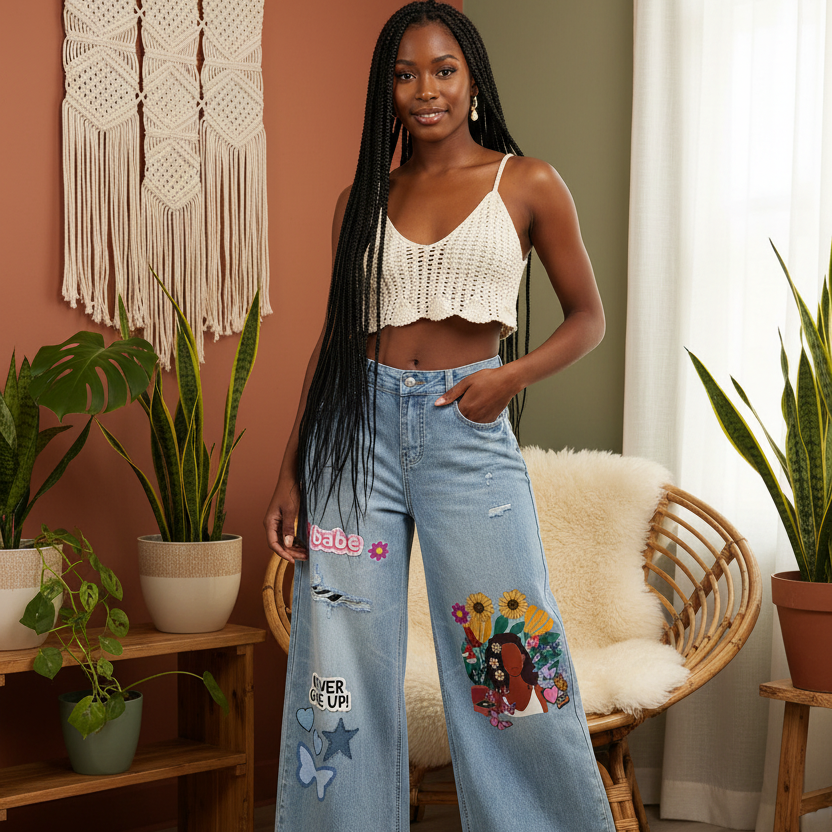 Colorful Afro Art  Themed Graphic Women's Vintage Wash Distressed Wide Leg Jeans