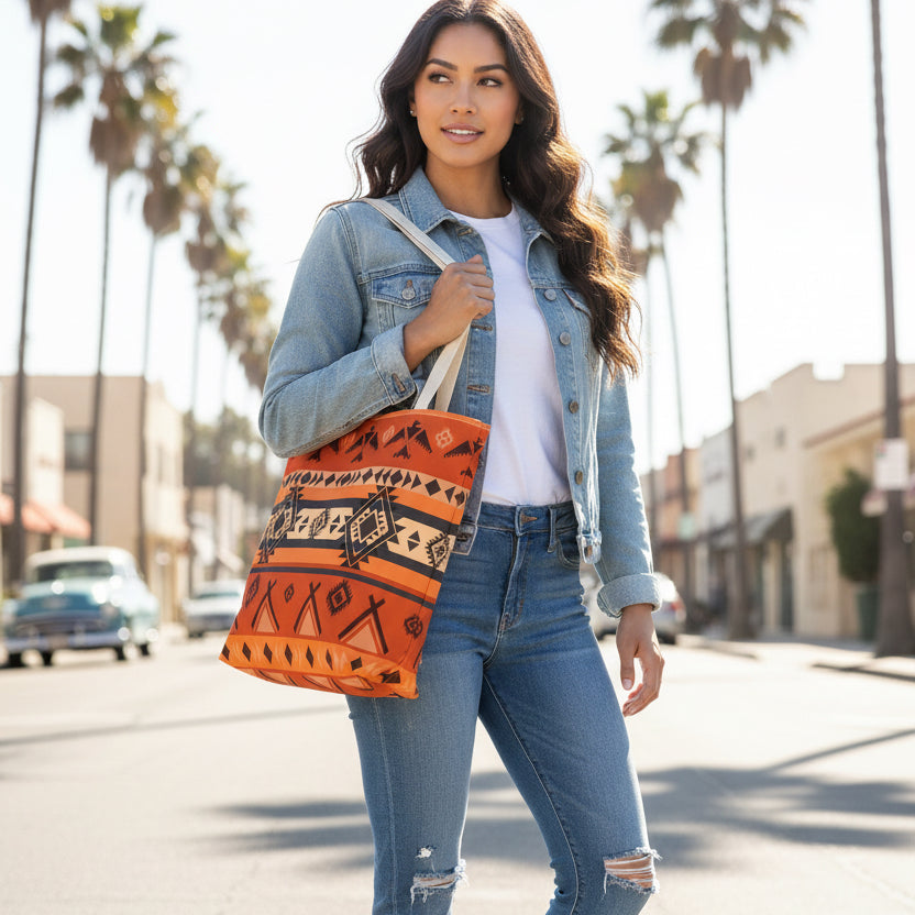 Southwestern Aztec Pattern Tote Bag — Orange Tribal All-Over Print