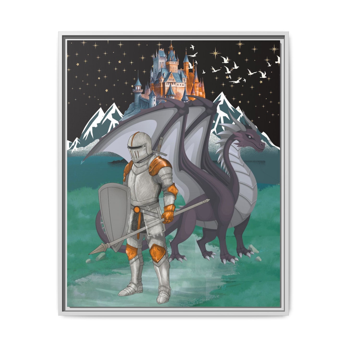 Knight and Dragon Fantasy Art, Framed Matte Canvas