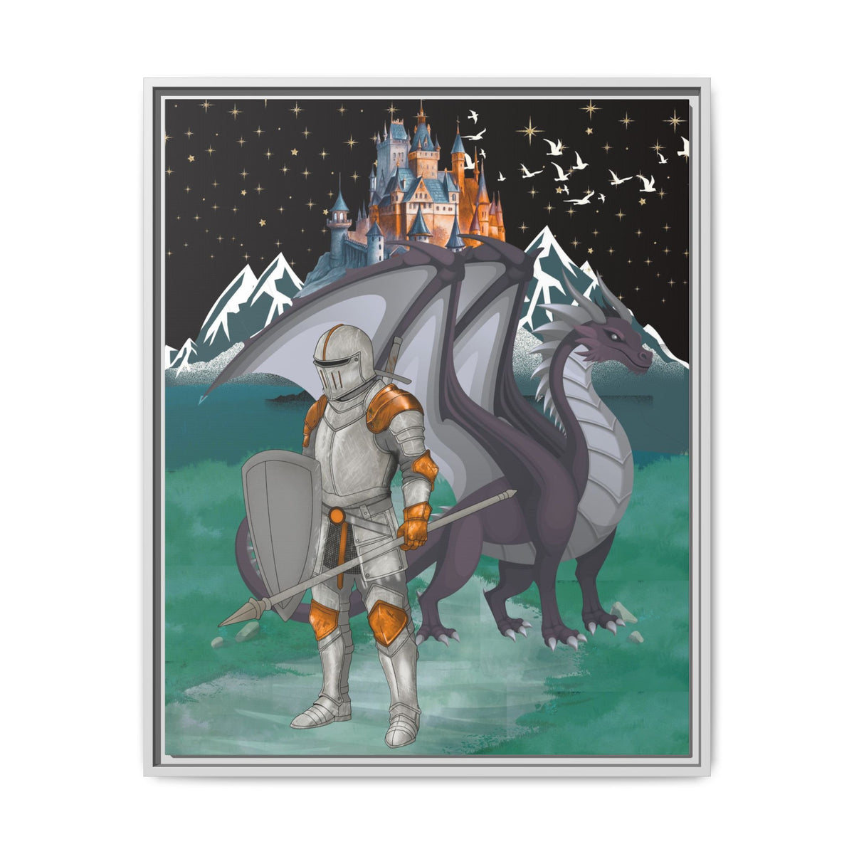 Knight and Dragon Fantasy Art, Framed Matte Canvas Printify