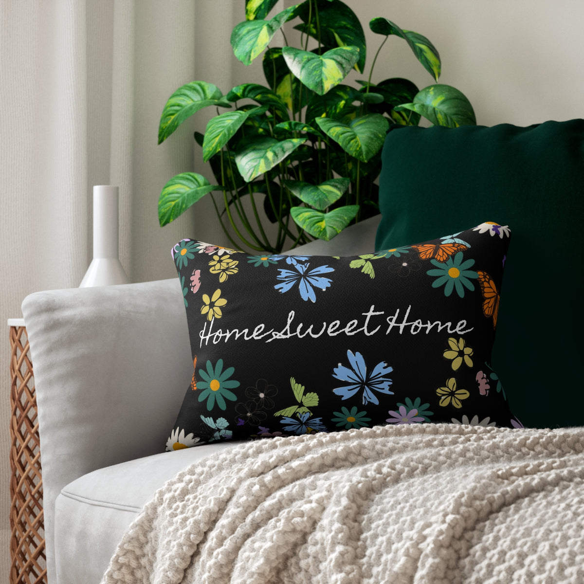 Home Sweet Home Floral Lumbar Pillow - Cozy Accent for Living Room Printify