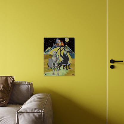 Knight and Dragon Acrylic Wall Art Panel — Fantasy Castle Nightscape Décor