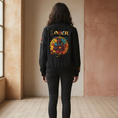 Dragon Graphic Women's Bomber Jacket, Mythical All Over Design, Zip Up