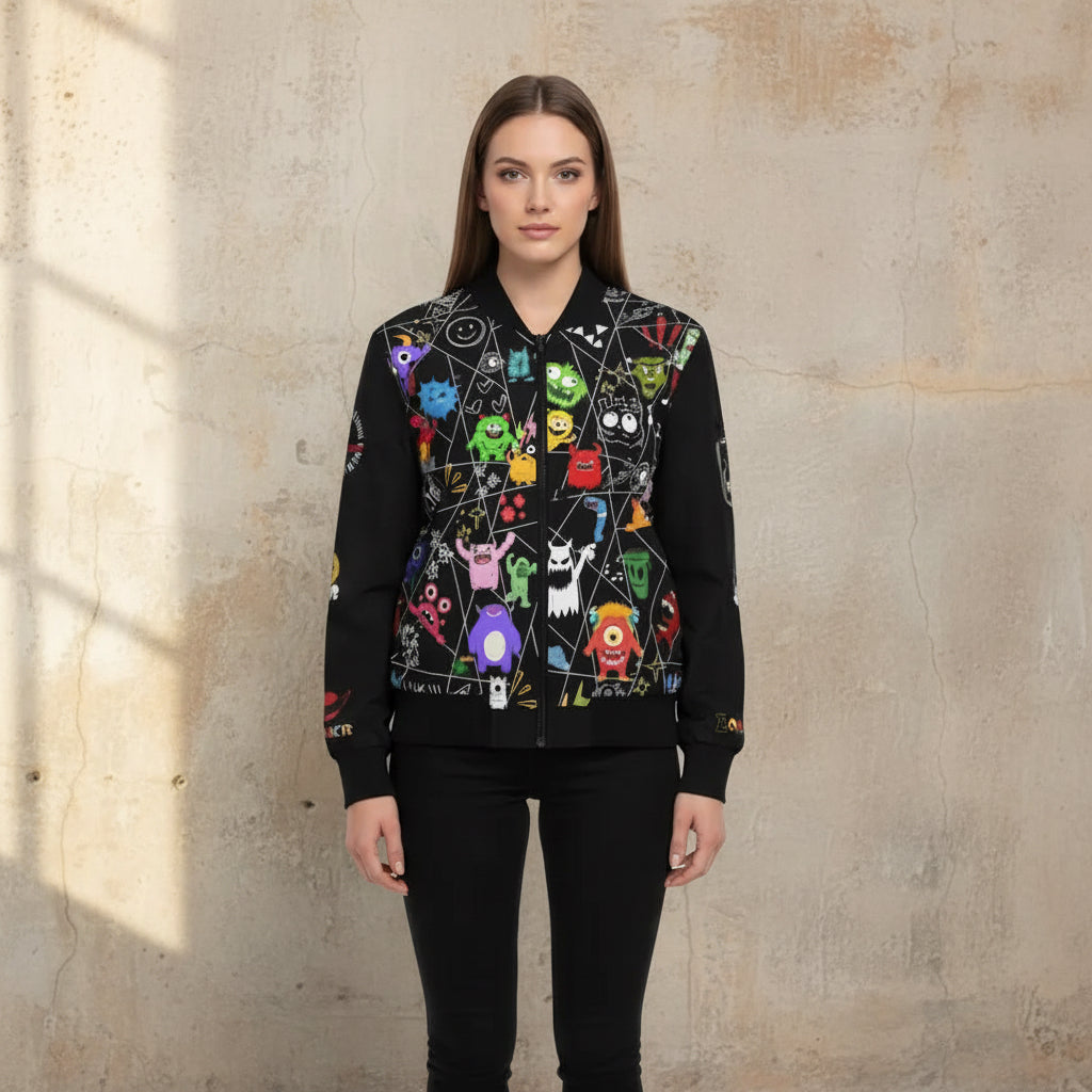 Monster Themed Cartoon Colorful Graphic Women's Jacket, Trendy Outerwear Printify