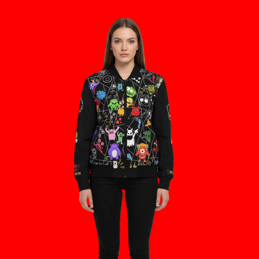 Monster Themed Cartoon Colorful Graphic Women's Jacket, Trendy Outerwear