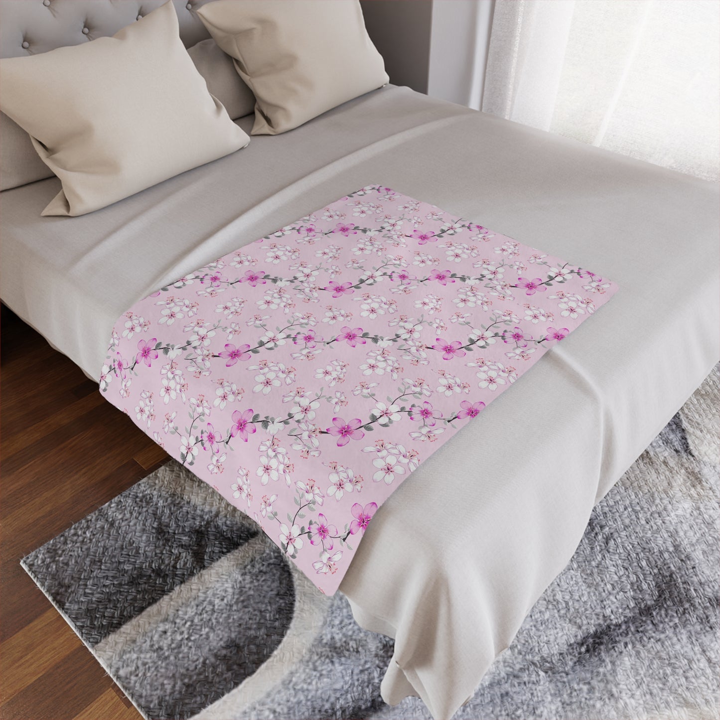 Floral Pink Cherry Blossom Minky Blanket