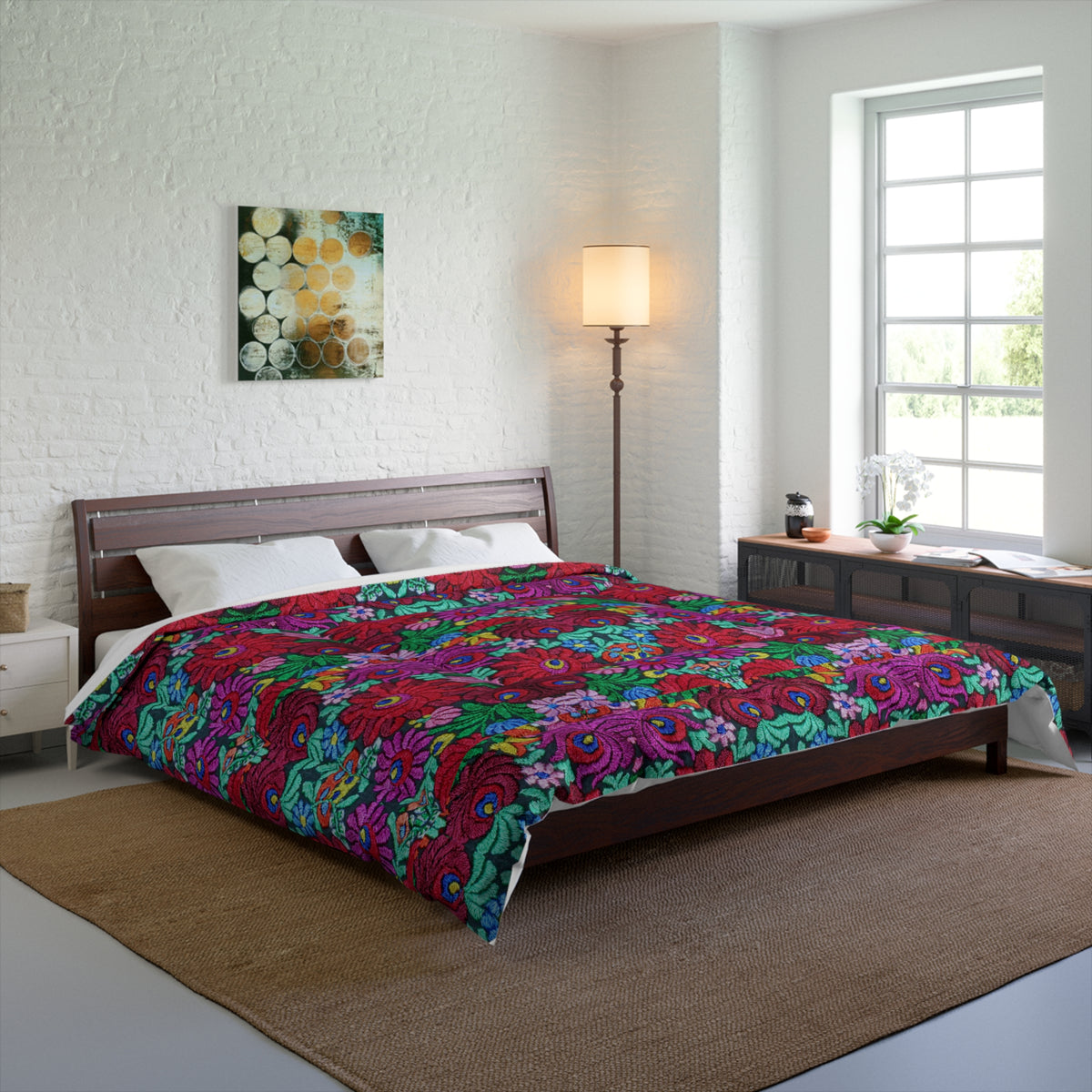 Floral Bohemian Comforter — Vibrant Red & Teal Patterned Bedding Printify