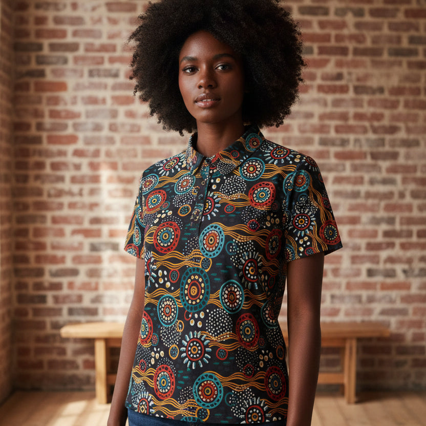 Unisex Tribal Print Polo Shirt — Colorful Aboriginal-Inspired Design