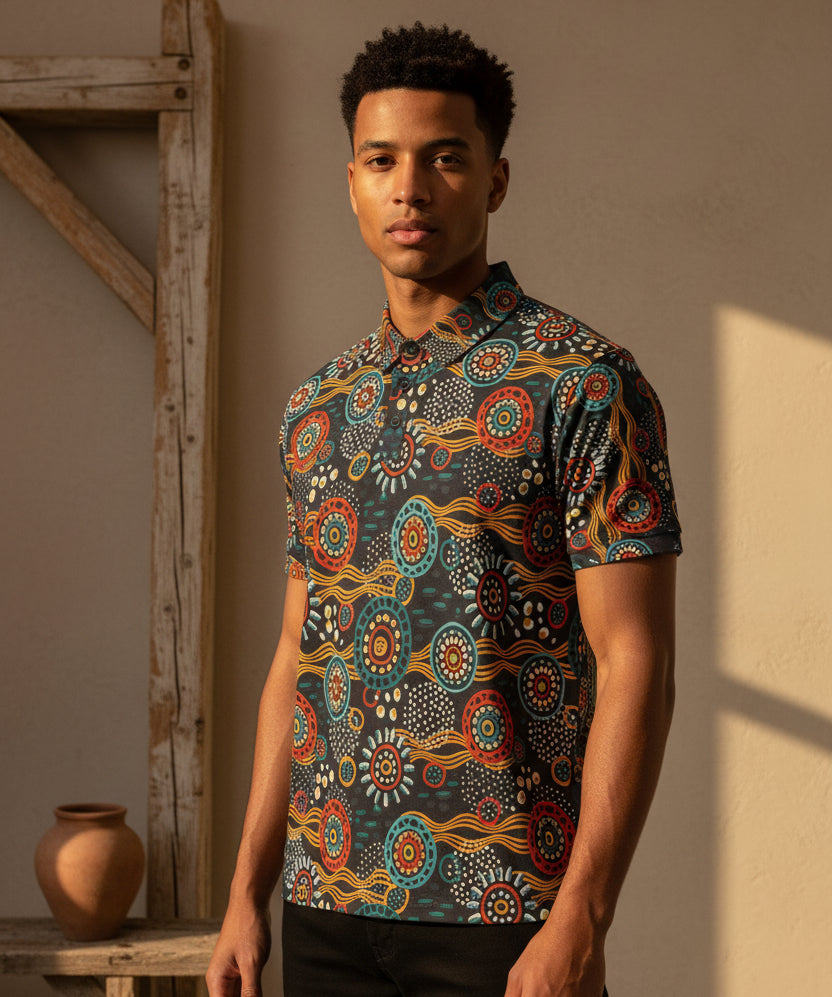 Unisex Tribal Print Polo Shirt — Colorful Aboriginal-Inspired Design