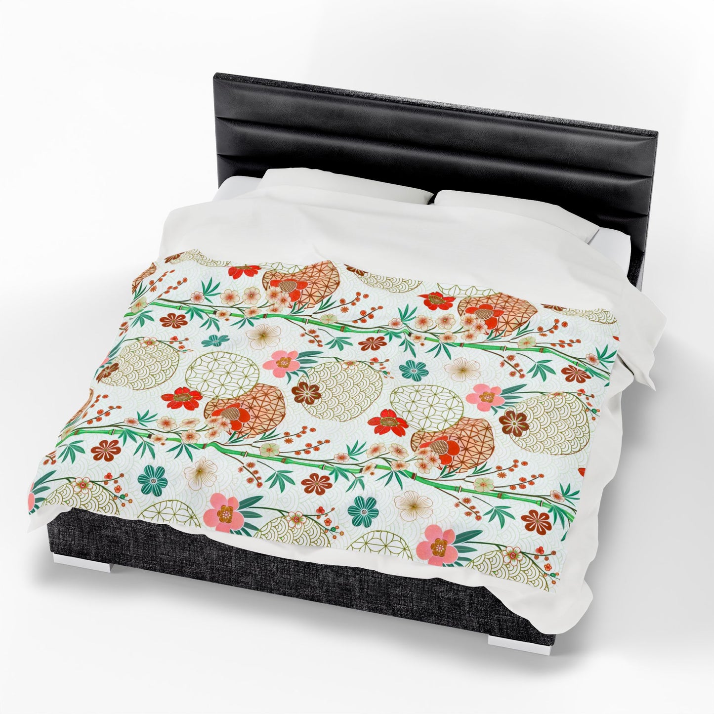 Floral Japanese Circle Velveteen Plush Blanket — Soft Retro Blossom Throw
