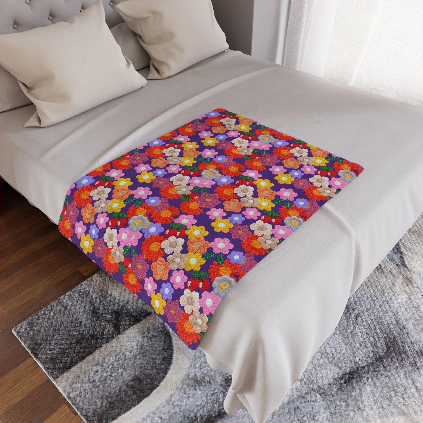 Floral Fiesta Minky Blanket — Bright Retro Flower Pattern, Cozy Throw for Living Room & Kids