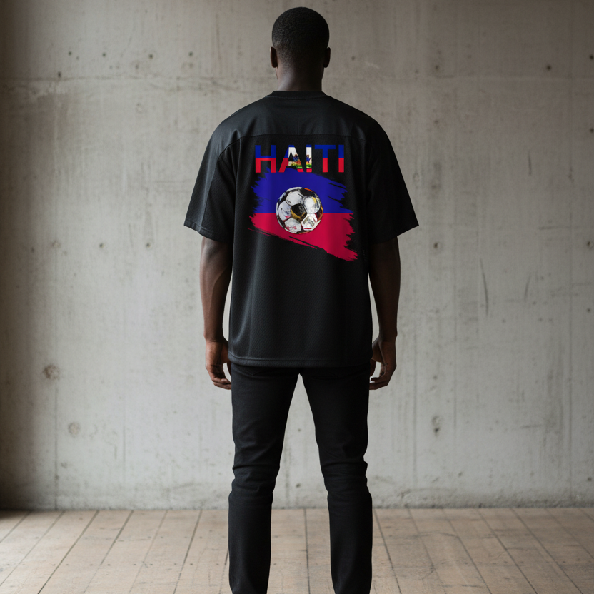 Oversized Unisex V-Neck Soccer Jersey Featuring a Haiti Flag-Inspired Mesh Design