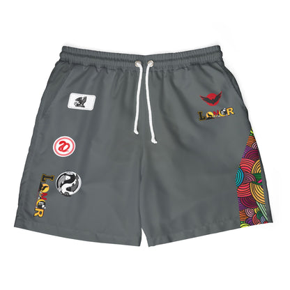 Badged Graphic Swim Shorts, Unisex Beachwear, Summer Essentials, Pool Party Attire