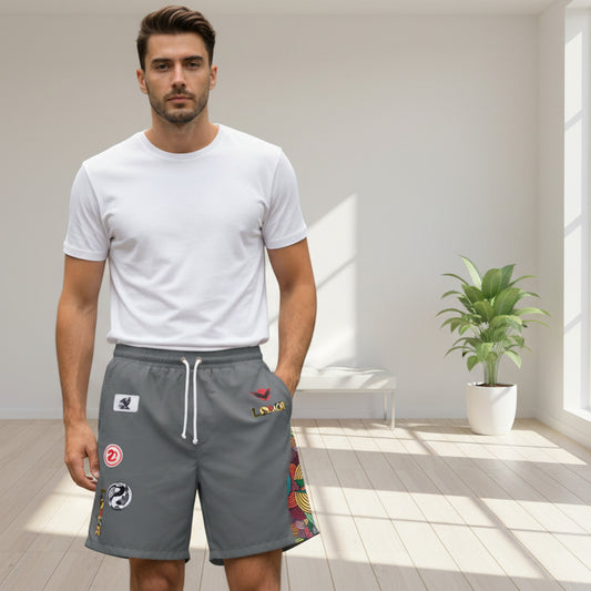 Badged Graphic Swim Shorts, Unisex Beachwear, Summer Essentials, Pool Party Attire