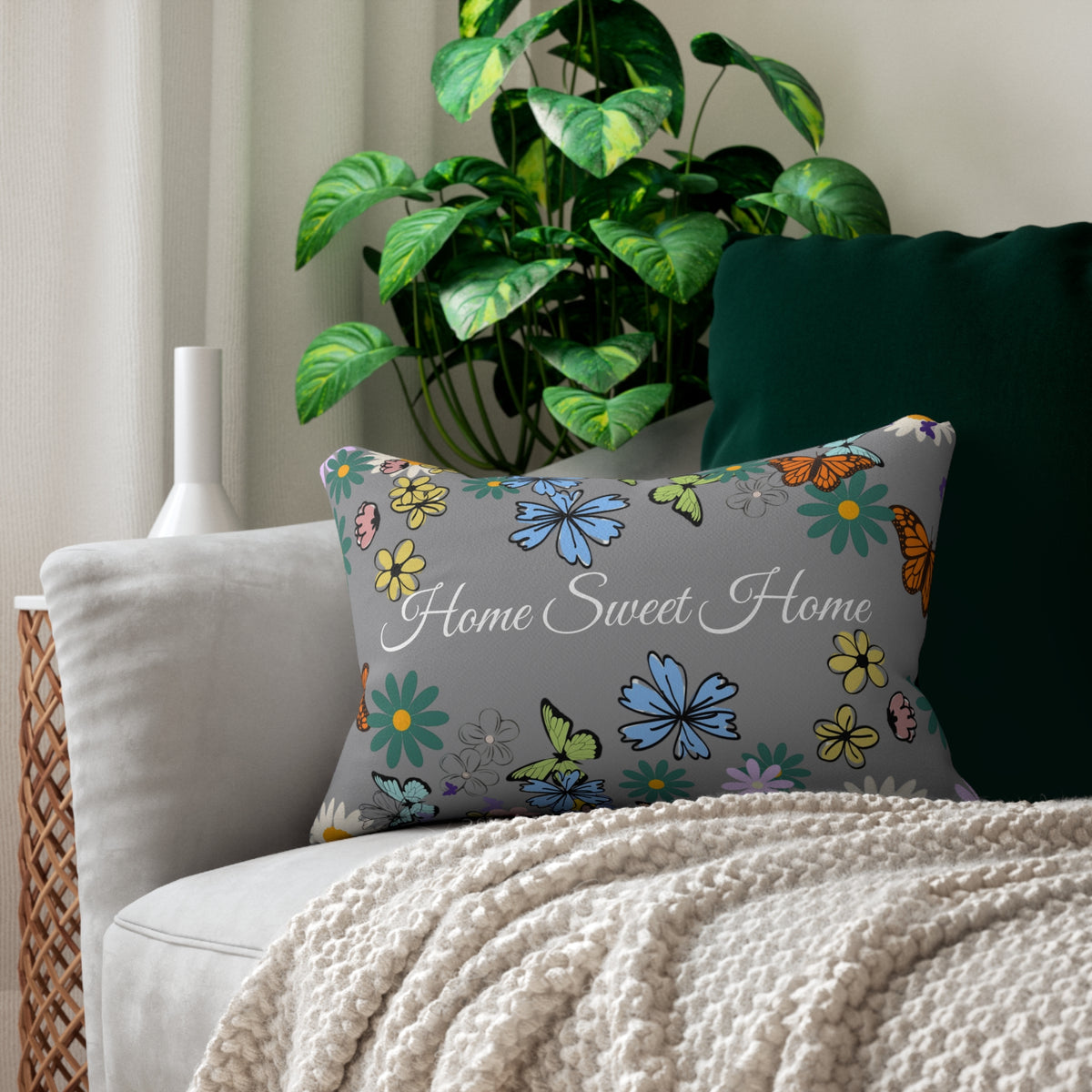 Home Sweet Home Floral Lumbar Pillow - Cozy Accent for Living Room Printify