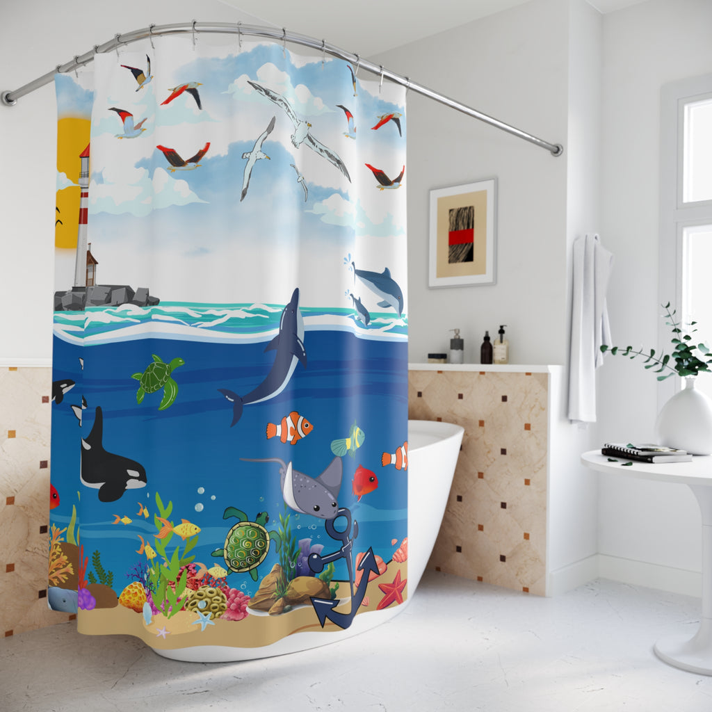 Coastal Vibes Shower Curtain, Nautical Bathroom Decor, Ocean Theme Printify